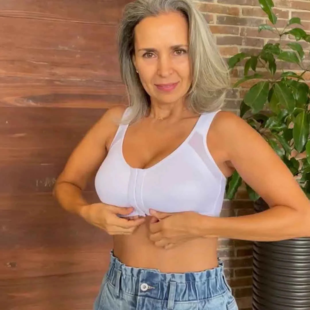 Front-closure, non-wired bra that supports the back and improves posture.