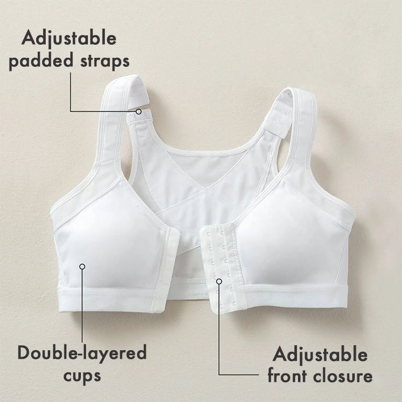 Front-closure, non-wired bra that supports the back and improves posture.