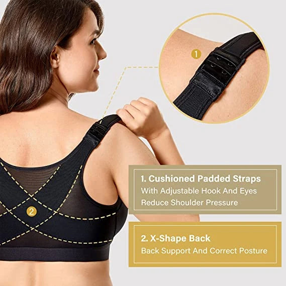 Front-closure, non-wired bra that supports the back and improves posture.