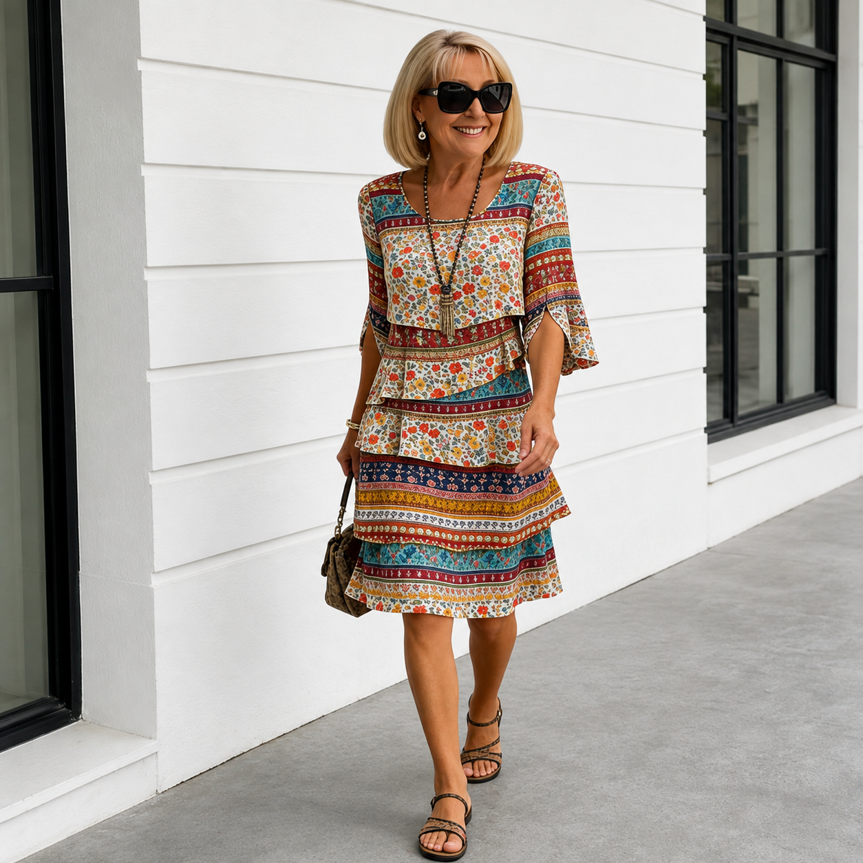Tiered ruffled A-line dress with a round neck