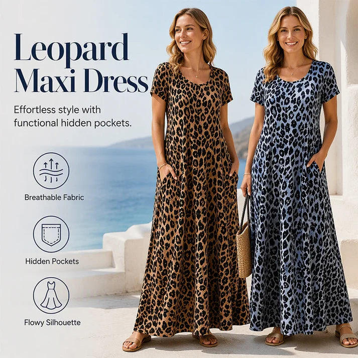 Women's short-sleeved, long leopard-print dress with pockets.