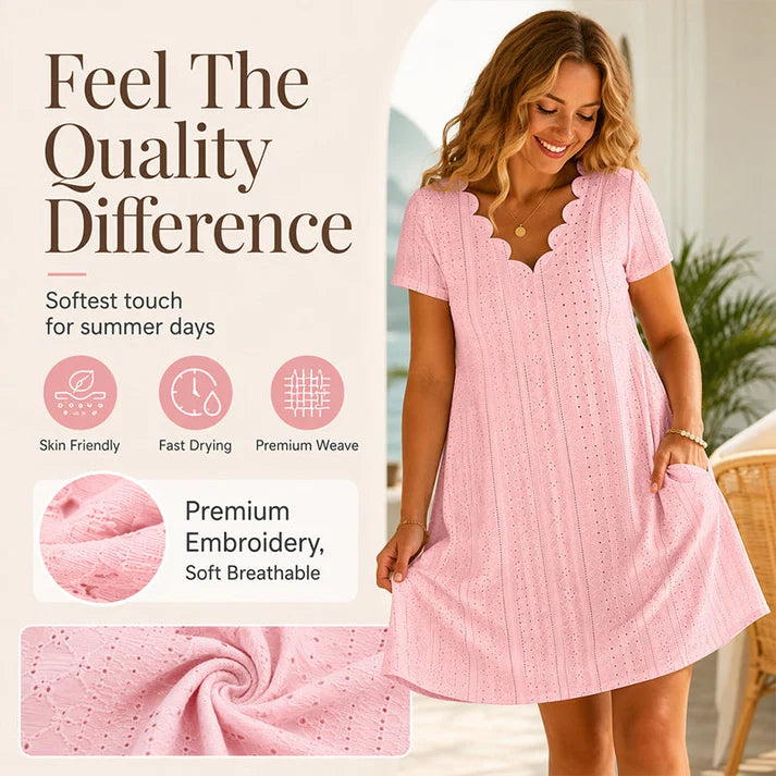 Women's eyelet dress, scalloped V-neck