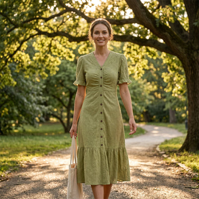 Women's Button-Up V-Neck Short Sleeve Midi Dress