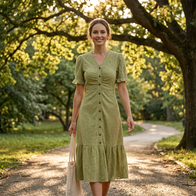 Women's Button-Up V-Neck Short Sleeve Midi Dress