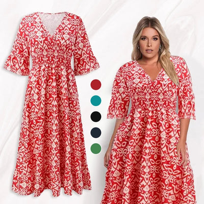 Bohemian Casual Print V-neck Waist Wrap Long Dress