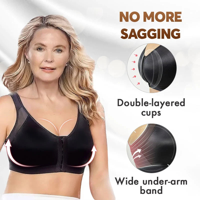 Front-closure, non-wired bra that supports the back and improves posture.