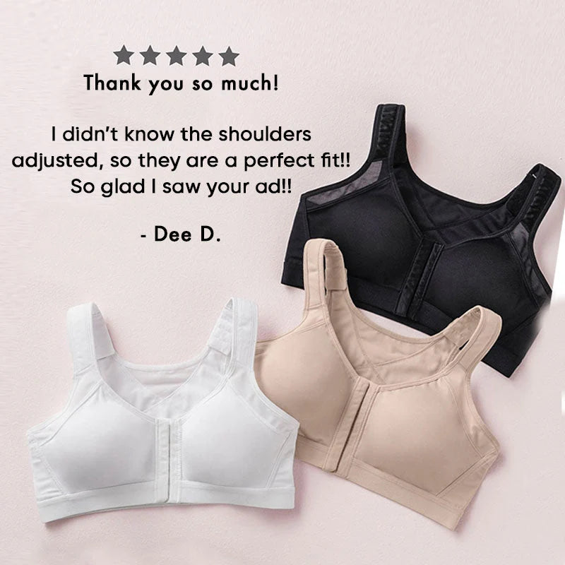 Front-closure, non-wired bra that supports the back and improves posture.