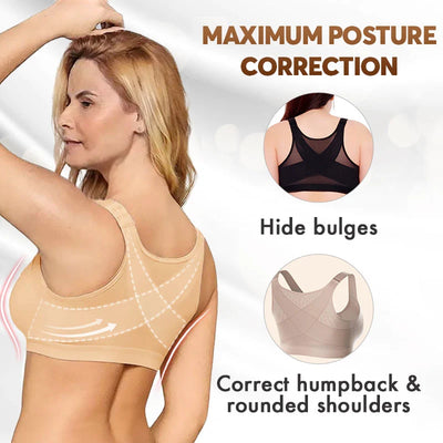 Front-closure, non-wired bra that supports the back and improves posture.