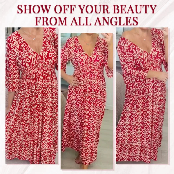 Bohemian Casual Print V-neck Waist Wrap Long Dress