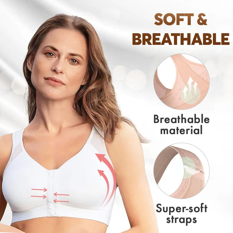 Front-closure, non-wired bra that supports the back and improves posture.