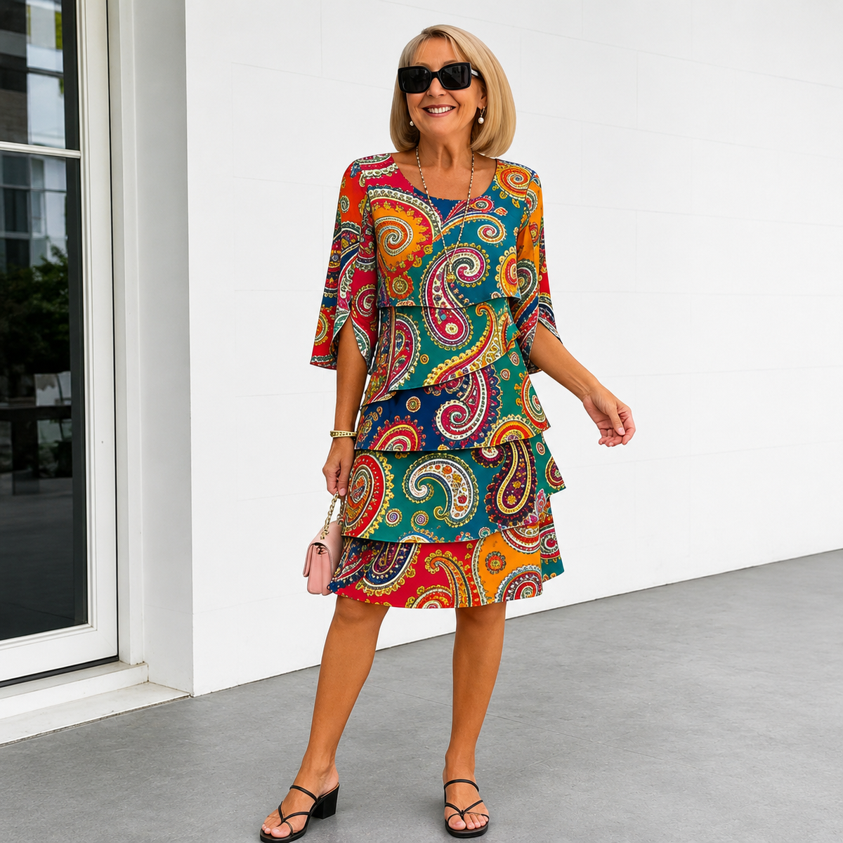 Tiered ruffled A-line dress with a round neck
