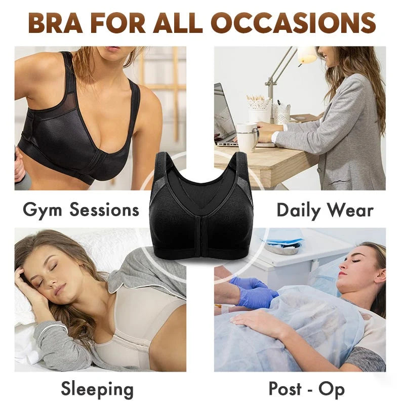Front-closure, non-wired bra that supports the back and improves posture.