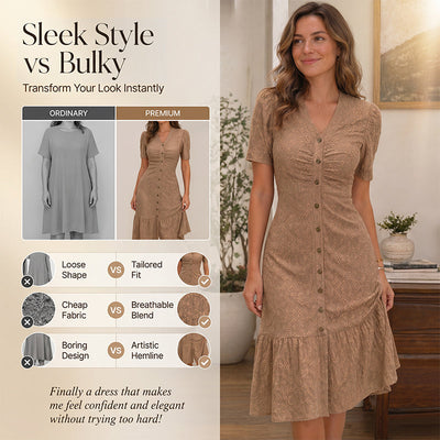 Women's Button-Up V-Neck Short Sleeve Midi Dress