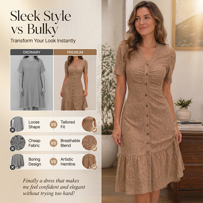 Women's Button-Up V-Neck Short Sleeve Midi Dress