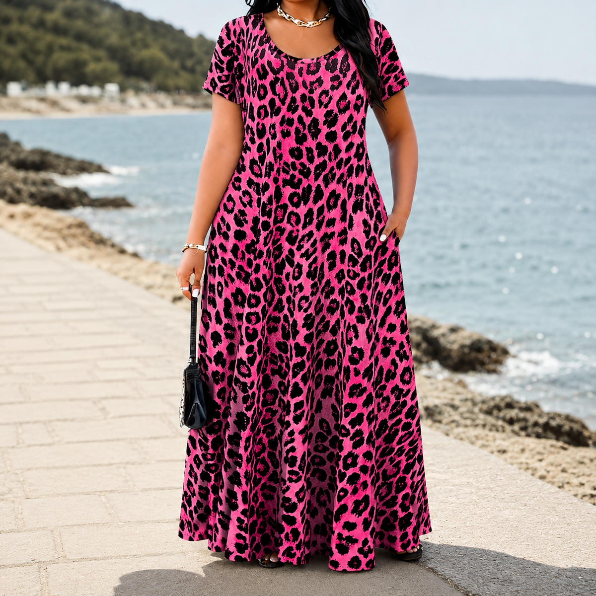 Women's short-sleeved, long leopard-print dress with pockets.