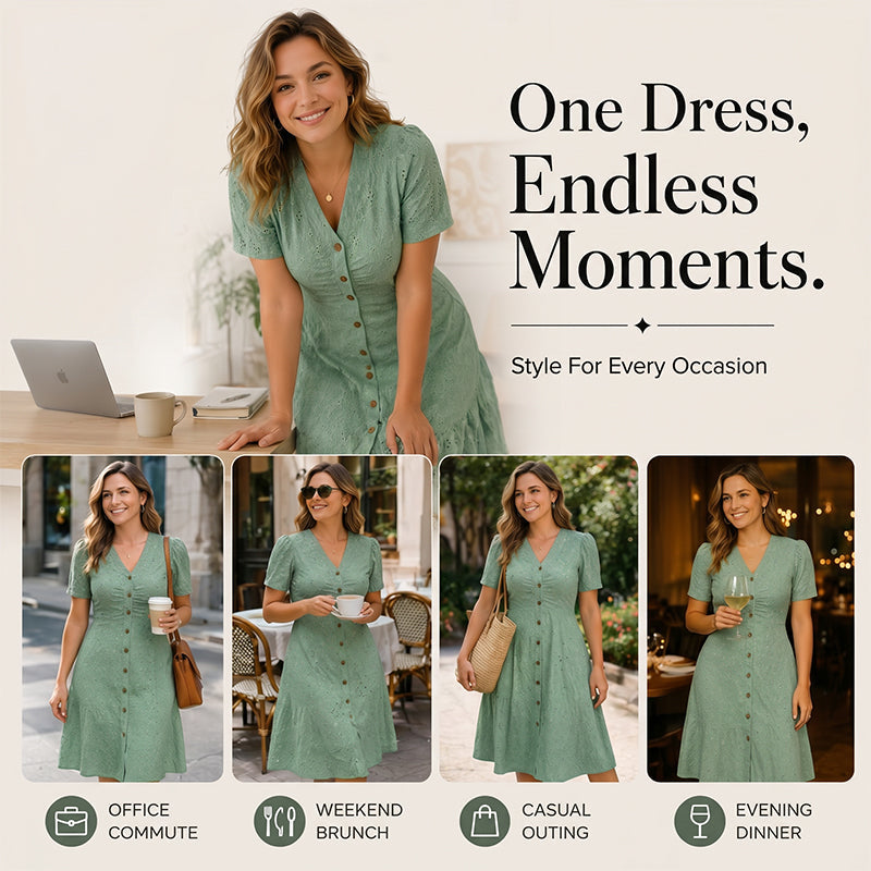 Women's Button-Up V-Neck Short Sleeve Midi Dress