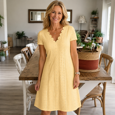 Women's eyelet dress, scalloped V-neck