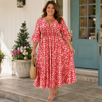 Bohemian Casual Print V-neck Waist Wrap Long Dress