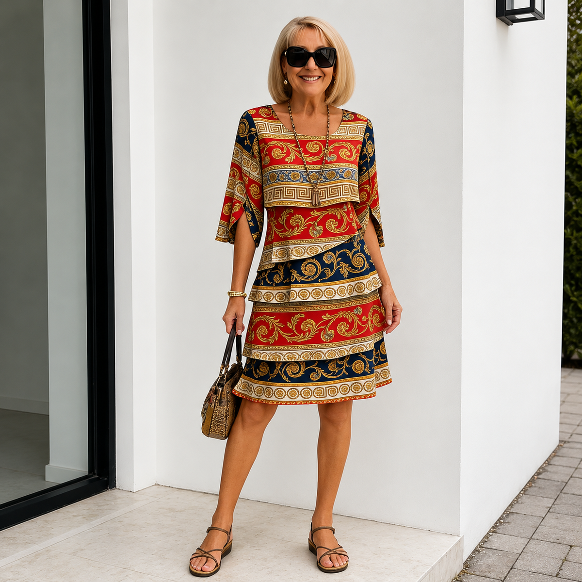 Tiered ruffled A-line dress with a round neck