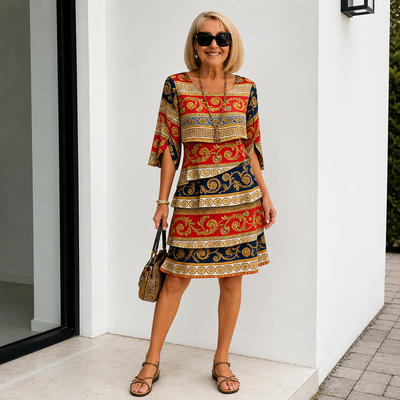 Tiered ruffled A-line dress with a round neck