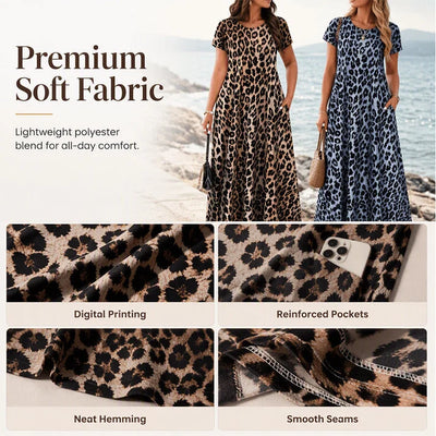 Women's short-sleeved, long leopard-print dress with pockets.