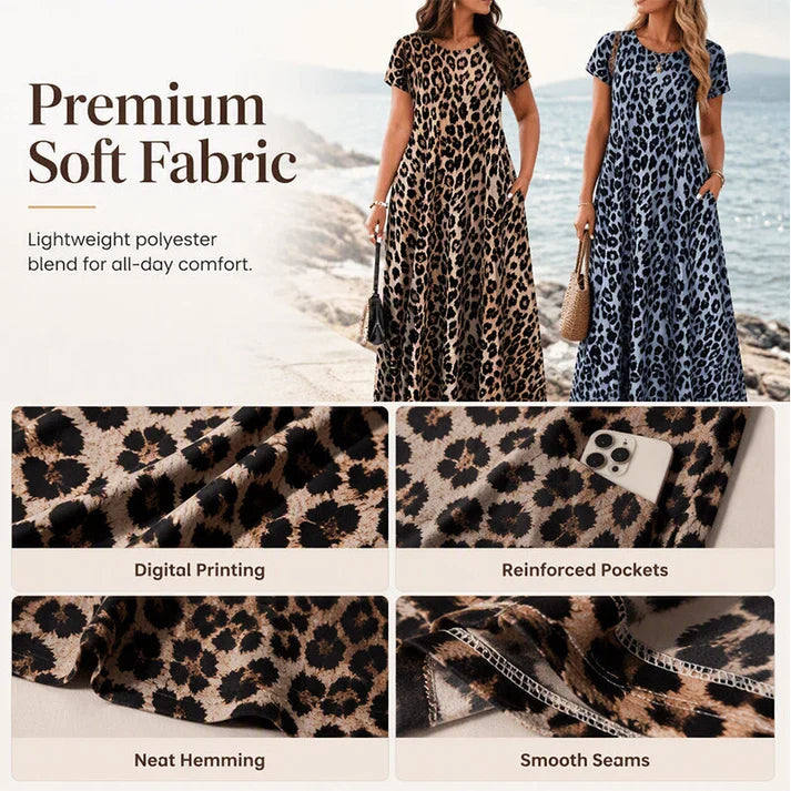 Women's short-sleeved, long leopard-print dress with pockets.