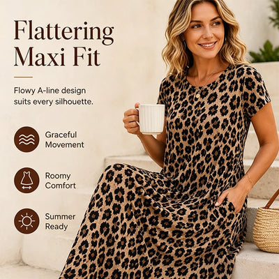 Women's short-sleeved, long leopard-print dress with pockets.