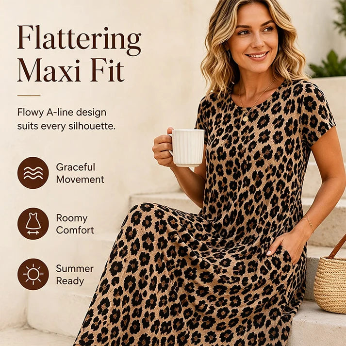 Women's short-sleeved, long leopard-print dress with pockets.