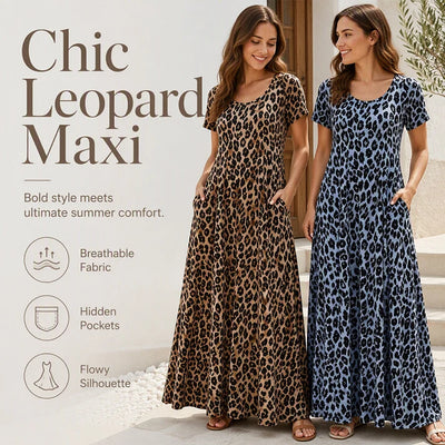 Women's short-sleeved, long leopard-print dress with pockets.