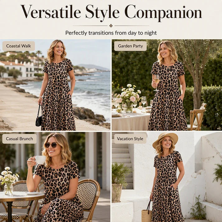 Women's short-sleeved, long leopard-print dress with pockets.