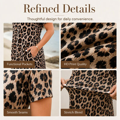 Women's short-sleeved, long leopard-print dress with pockets.