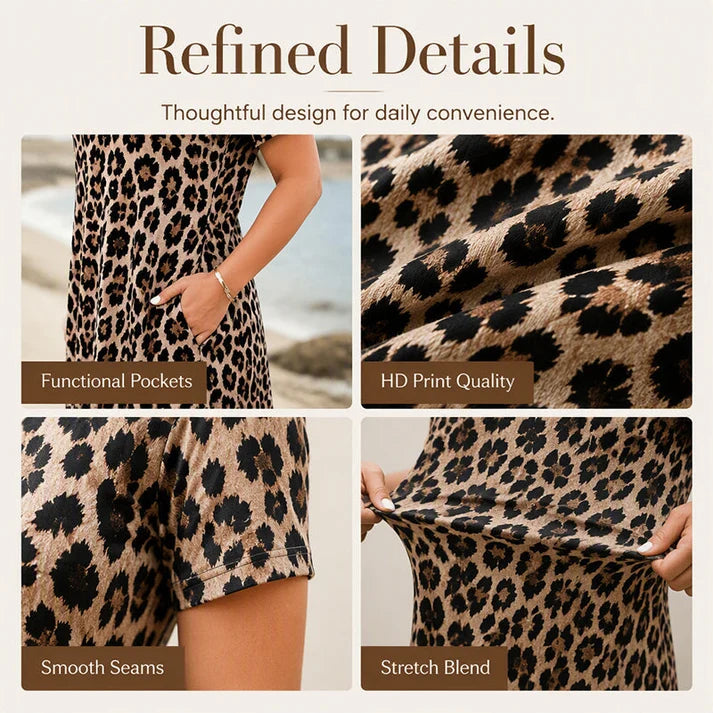 Women's short-sleeved, long leopard-print dress with pockets.