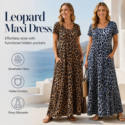 Women's short-sleeved, long leopard-print dress with pockets.