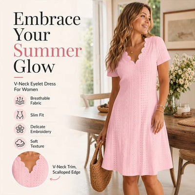 Women's eyelet dress, scalloped V-neck