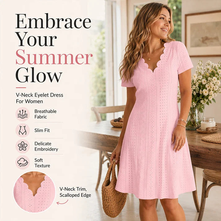 Women's eyelet dress, scalloped V-neck