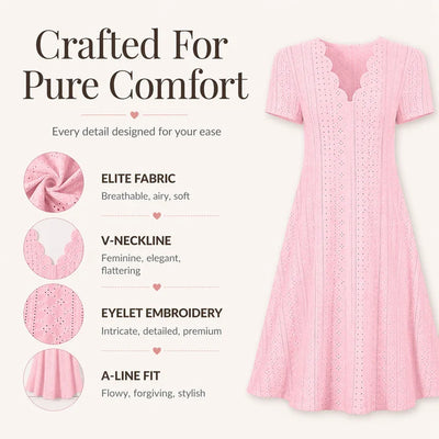 Women's eyelet dress, scalloped V-neck