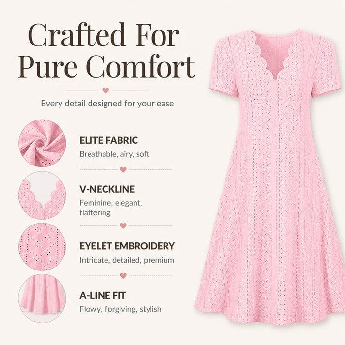 Women's eyelet dress, scalloped V-neck