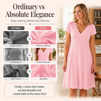 Women's eyelet dress, scalloped V-neck