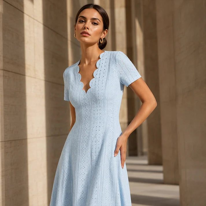 Women's eyelet dress, scalloped V-neck