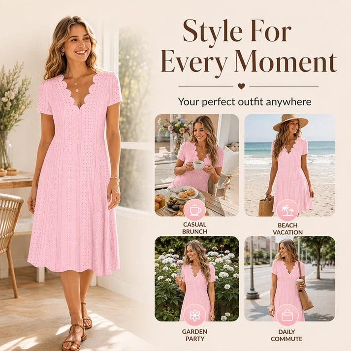 Women's eyelet dress, scalloped V-neck