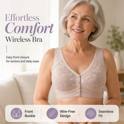 Front-closure, non-wired bra for older women