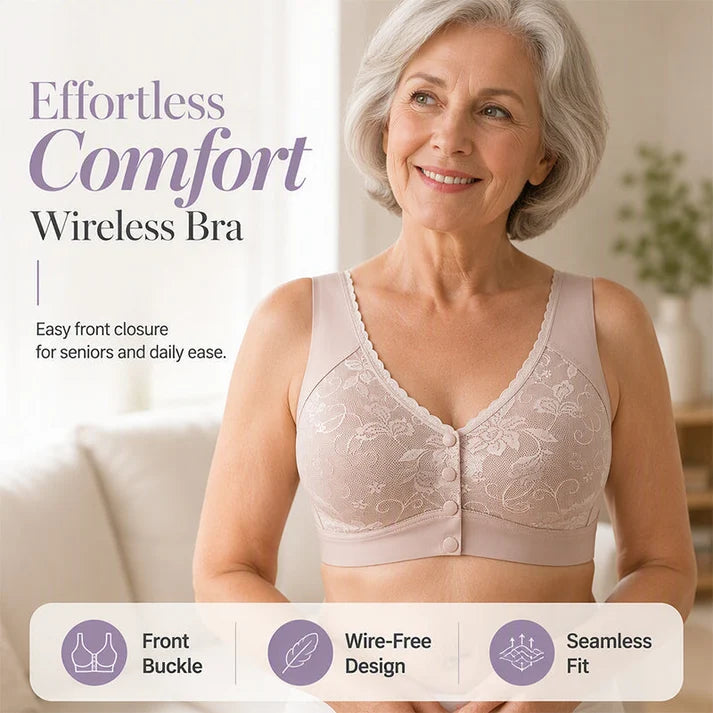 Front-closure, non-wired bra for older women