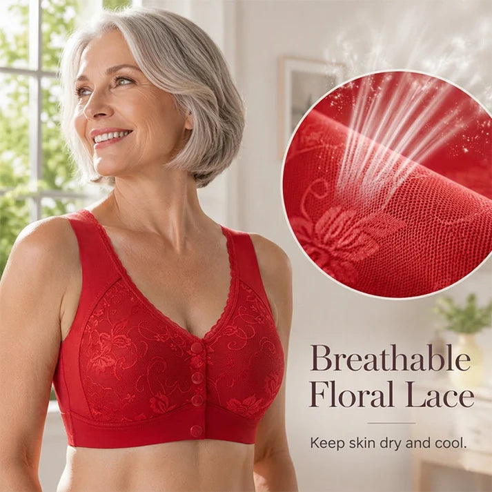Front-closure, non-wired bra for older women