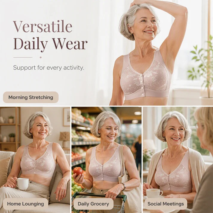 Front-closure, non-wired bra for older women