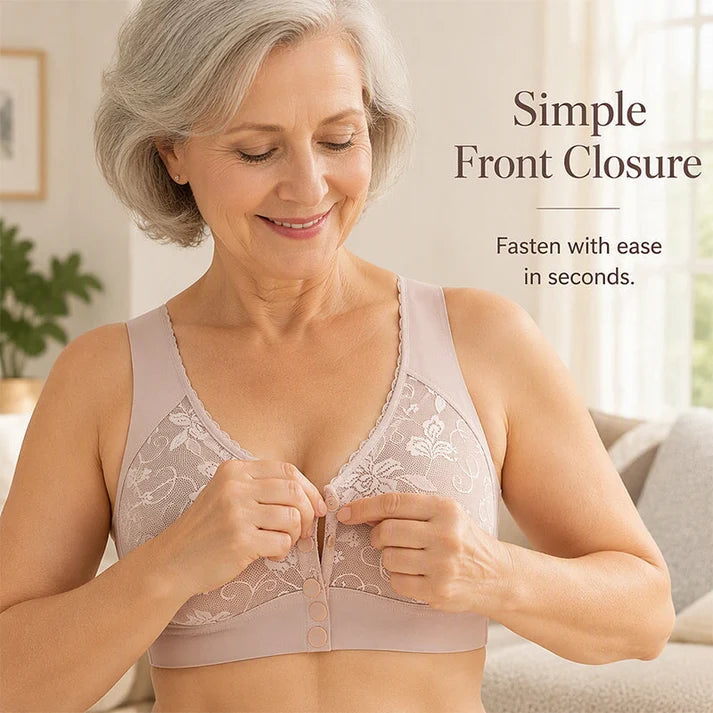 Front-closure, non-wired bra for older women