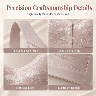 Front-closure, non-wired bra for older women