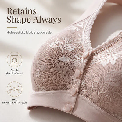 Front-closure, non-wired bra for older women