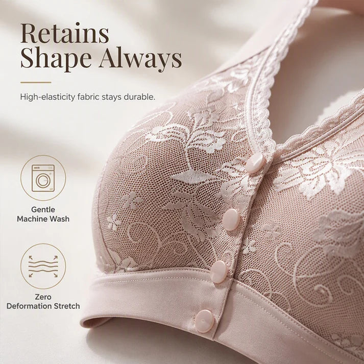 Front-closure, non-wired bra for older women