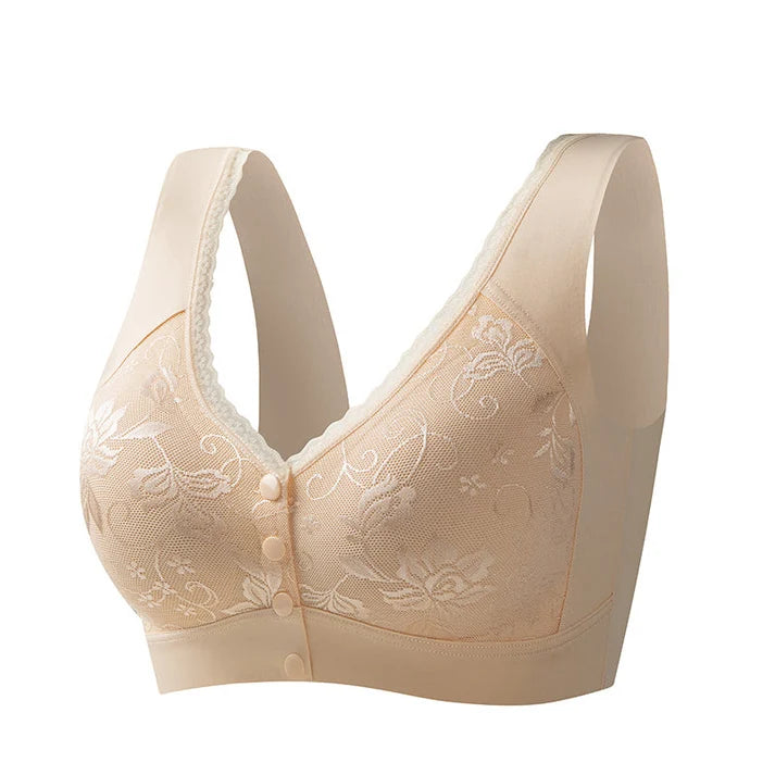 Front-closure, non-wired bra for older women