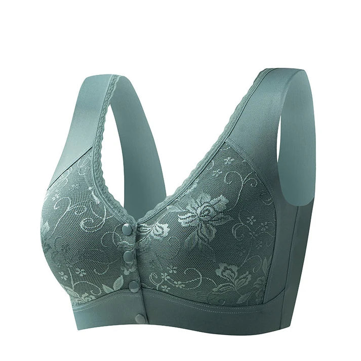 Front-closure, non-wired bra for older women